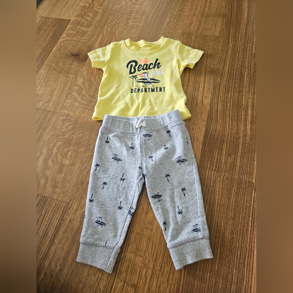 Carters Yellow Beach Bum Department Graphic Tee and Gray Pants Set